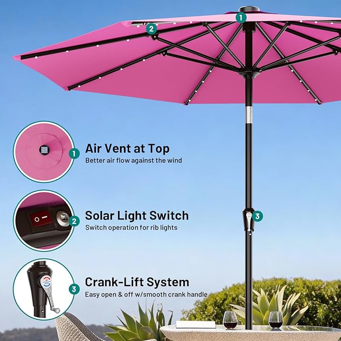 AreShark 9FT Patio Umbrella with Solar Lights, 32 LED Lighted Pool Umbrella w/Tilt and Crank, Outdoor Market Solar Umbrellas for Garden, Deck, Backyard, Pool and Beach, Rose Pink