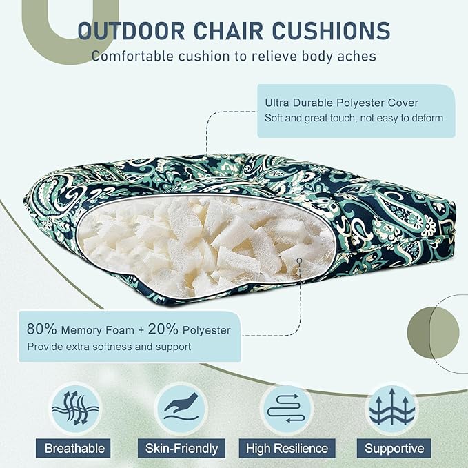 downluxe Outdoor Chair Cushions Set of 2 for Patio Furniture, Waterproof Tufted Overstuffed Patio Furniture Cushions, Thick Outdoor Seat Cushion, 19" X 19" X 5", Green Paramecium