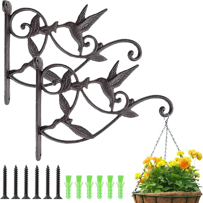 DEWEL Iron Plant Hangers, Outdoor Hanging Baskets for Plants, Decorative Wall Plant Hooks, Bird Feeder Hanger, 2Pack