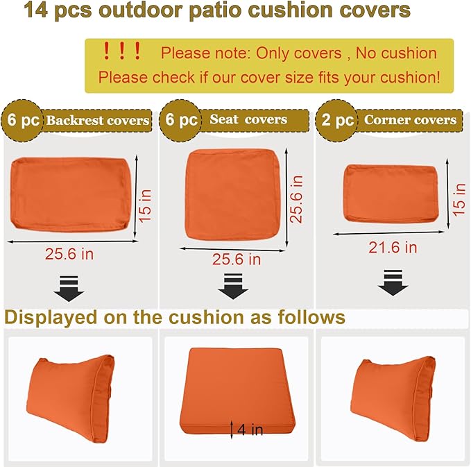 14 Piece Outdoor Patio Cushion Cover Replacement, Waterproof Patio Cushion Covers, Outdoor Furniture Cushion Covers Set for 6 Seat Wicker Rattan Sofa (Orange)