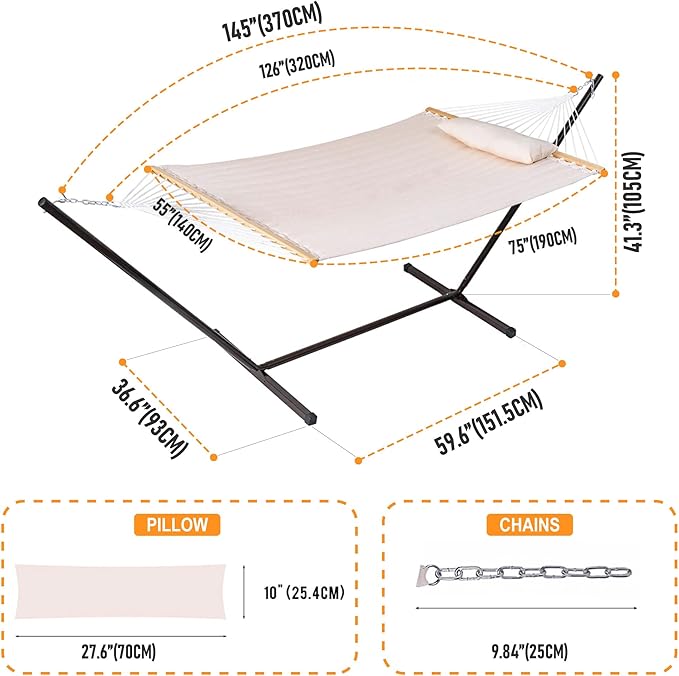 Lazy Daze Hammocks Quilted Fabric Hammock with 12 Feet Stand, 2 People Double Hammock with Stand for Outdoor Indoor Patio Garden Backyard, 450 lbs Capacity, Beige