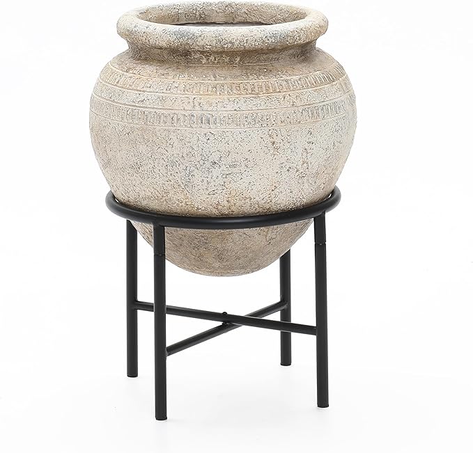 LuxenHome 17.5" Dia Large Planters for Indoor Plants, Indoor Plant Pots with Stand, Distressed Cachepot for Living Rooms, Entryway, Office