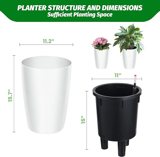 16" Tall Planter Set of 4, Self Watering Pots with Built-in Drainage and Water Level Gauge, Large Planter Pots for Garden, Patio, Balcony, Lounge, White