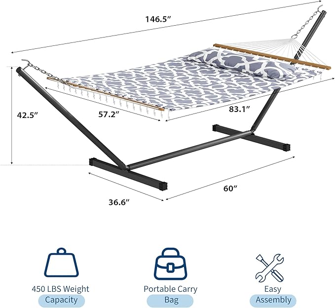 GarveeLife 57" 2 Person Outdoor Hammock, Widening Design Cotton Hammock with Metal Stand, Heavy Duty Construction, 450 LBS Weight Capacity, Light Grey