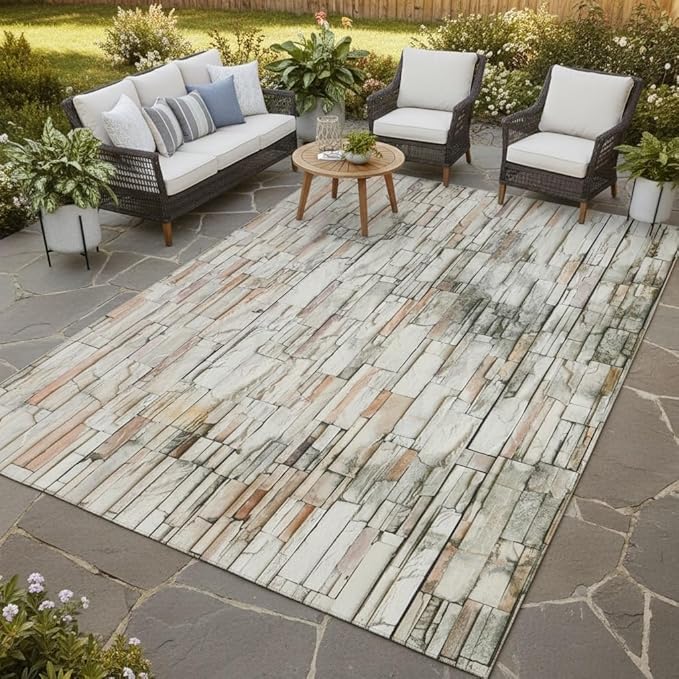 Natural Rustic Brick Stone Wall Pattern Outdoor Rug 4x6 Beige Grey Distressed Stones Texture Waterproof Large Area Rug for Patio Deck Porch Balcony Backyard Camping Washable Foldable Thin Carpet Mat