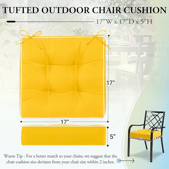 Wellsin Outdoor Chair Cushions Set of 2, Patio Cushions for Outdoor Furniture, Tufted Waterproof Outdoor Chair Pads, 17 x 17 Inch, Yellow