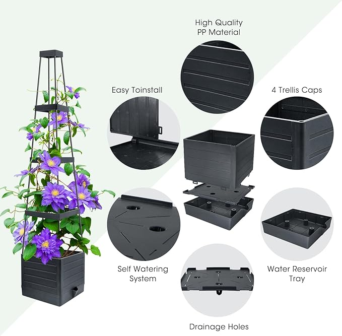 MQUPIN Trellis for Climbing Plants,57in Raised Garden Bed Planter Boxes with Trellis, Tomato Cage Planters for Climbing Plants Vegetable Vine Flowers Outdoor & Indoor/Self-Watering（2Pcs Black）