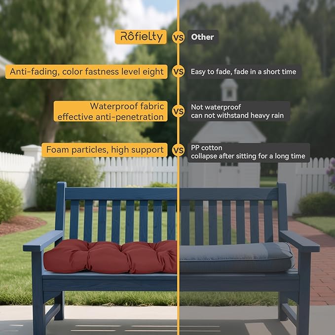 ROFIELTY Outdoor Bench Cushion, Waterproof/Sun-Proof Fabric, Tufted Bench Cushion with 2 Ties, Suitable for Outdoor Garden Bench/Swing/Indoor Furniture (Burgundy, 42×16×4)