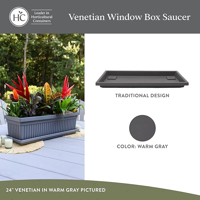 The HC Companies 23.5 Inch Venetian Rectangular Plant Saucer - Indoor Outdoor Plastic Plant Trays for Pots - 23.5"x7.5"x1.3" Warm Gray