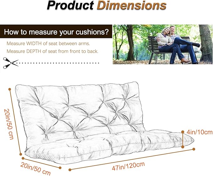 2-3 Seat Swing Replacement Cushion, Outdoor Bench Cushions with Backrest Thicken 4", Patio Furniture Garden Porch Loveseat Glider Pad Anti-Fading Waterproof (Brown, 40x47in)