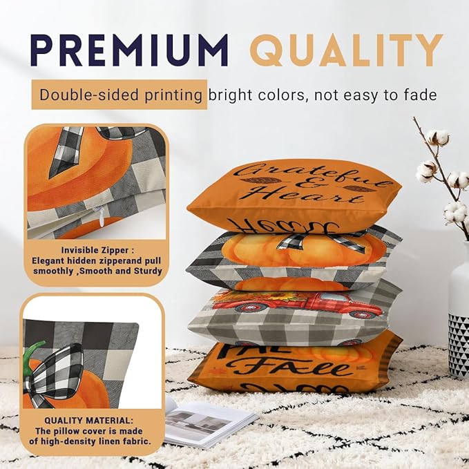 Autumn Harvest Pillow Covers 18x18 inch Set of 4, Pumpkin Truck Buffalo Plaid Fall Art Throw Pillow Covers Farmhouse Cushion Case Decor for Sofa Couch
