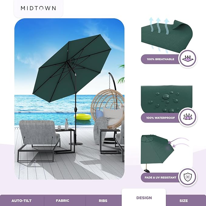 Midtown Umbrellas - 10-Year-No-Fade 6 Ft Patio Umbrella with Terylast Fabric, Auto-Tilt Aluminum Frame and 8 Reinforced Ribs for Deck, Pool, Garden & Beach - Forest Green Canopy, Black Pole