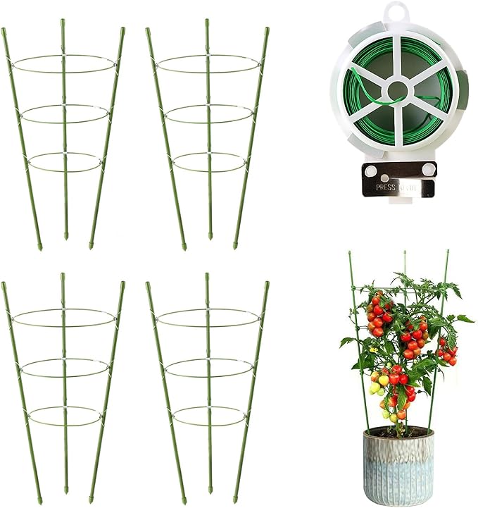 4 Pack Tomato Cage, 24 inches Plant Support Cages for Garden, Upgrade Garden Plant Stakes with Adjustable Rings, Plants Trellis for Tomato, Flower, Climbing Plants, with Twist Tie