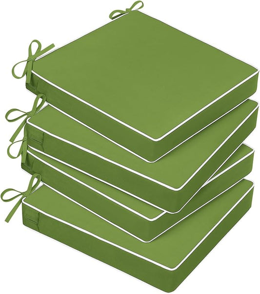 Basic Beyond Outdoor Chair Cushions for Patio Furniture, Waterproof Outdoor Seat Cushions Set of 4 19 x 19, Patio Chair Cushions Set of 4 with Ties and Handle, Grass Green/White