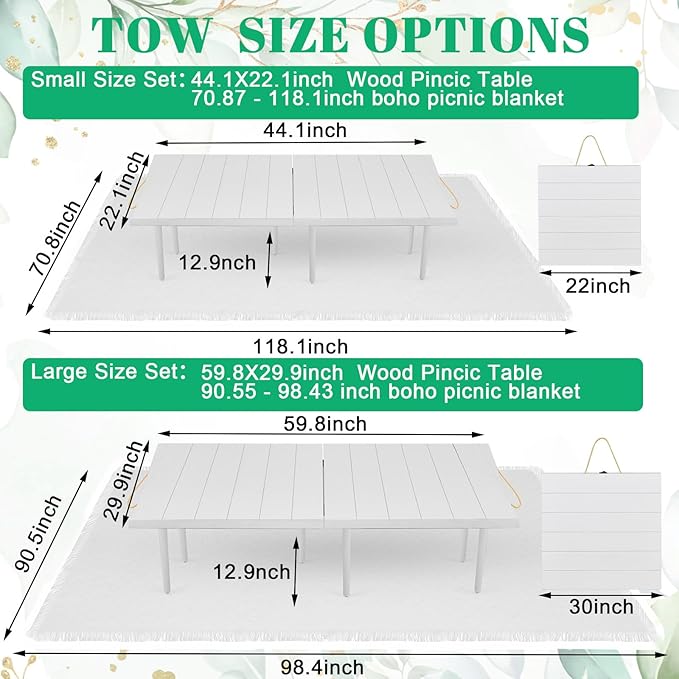 2 Set Low Picnic Table, Foldable Boho Picnic Table with Extra Large Outdoor Camping Blanket Portable Boho Wood BBQ Tables for Camping Wedding Beach BBQ Party (for 8 Person,White)