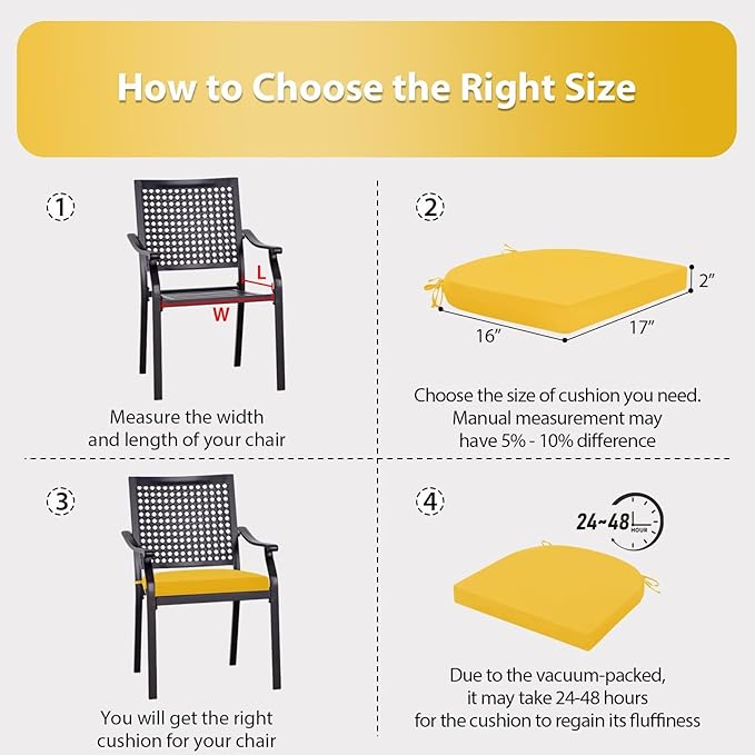 Outdoor Chair Cushions Set of 4, 17 x 16 Inch Patio Chair Cushions for Outdoor Furniture, Water Resistant, Non-Slip Ties (Yellow)