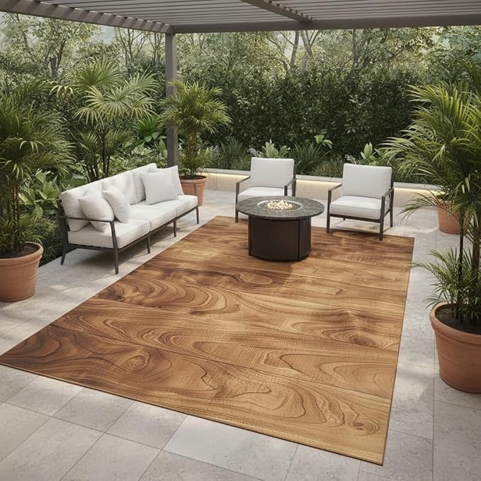 Washable Natural Wood Grain Outdoor Rug 7x10 Brown Rustic Wooden Board Outdoor Area Rug for Balcony Backyard Patio Porch Durable Easy Clean Outside Carpet Waterproof Non Slip Farmhouse Floor Rugs