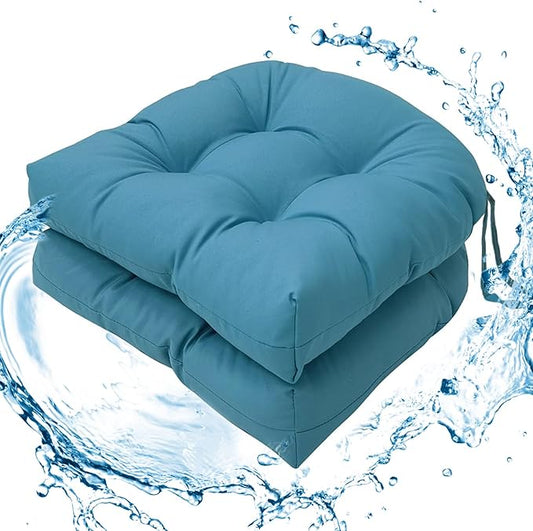 Outdoor/Indoor Chair Cushions, Blue Tufted Patio Seat Cushions Round Corner, 2 Pack Waterproof Chair Pads with Ties, 19"x19"x3.9"