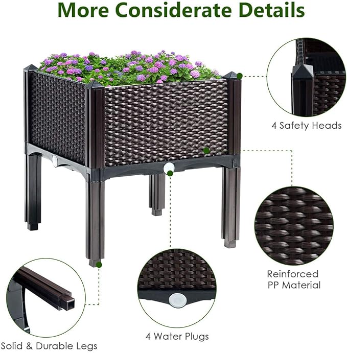 Giantex Raised Garden Bed, Set of 4 Planter Raised Beds Kits with Drain Holes for Fruit Flowers Vegetables, Outdoor Elevated Planting Box for Lawn Patio Balcony, Easy Assembly, Rattan-Like Look, Brown