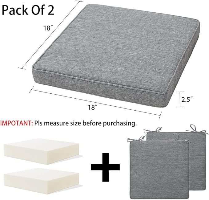 Magpie Fabrics Indoor Outdoor Waterproof Square Chair Cushion, 18" x 18" x 2.5", 2 Pack, Water Resistant Seat Cushions, for Patio Garden Office, Heather Grey