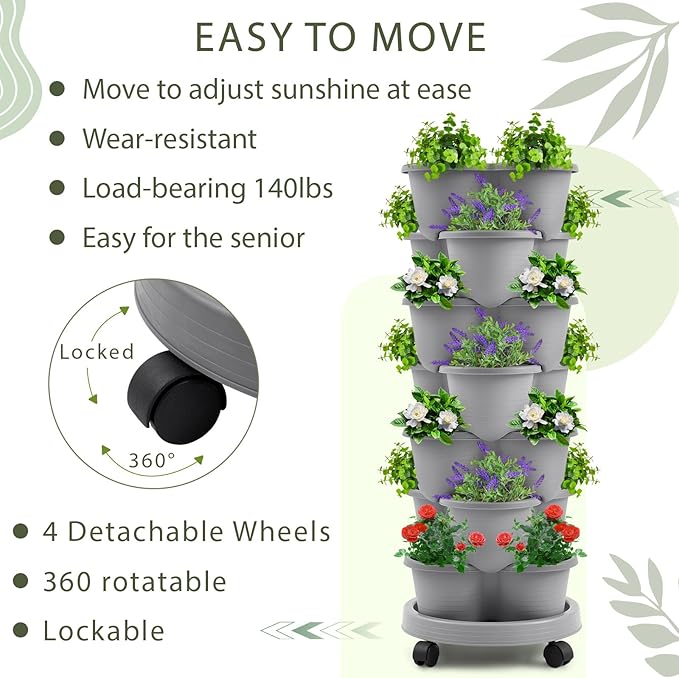 Umigy 2 Set of 7 Tier Stackable Vertical Planters with Removable Wheels and Tools Tower Planters Strawberry Herb Flower Vegetable Pots Indoor Outdoor Gardening Pots(Light Gray)