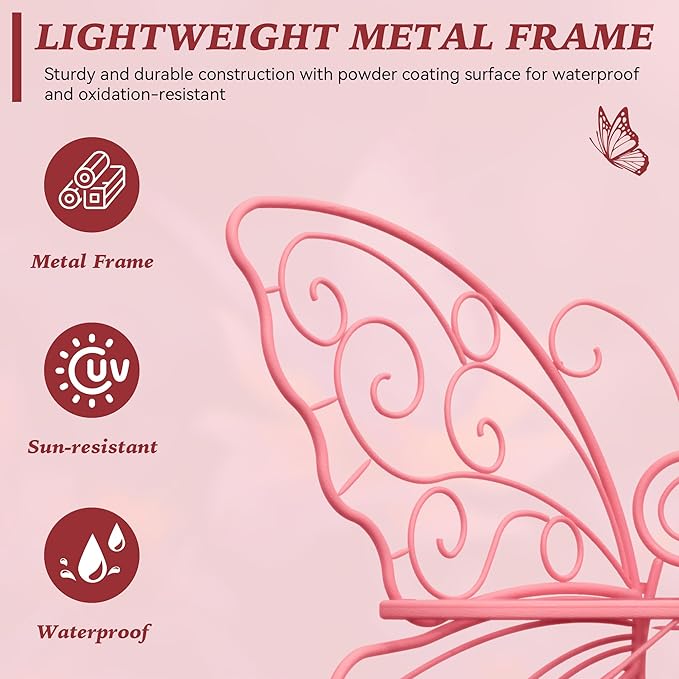 49 Inch Outdoor Bench, Pink Garden Bench with Metal Frame, Weatherproof Butterfly Front Porch Benches for Lawn, Garden, Yard, Balcony