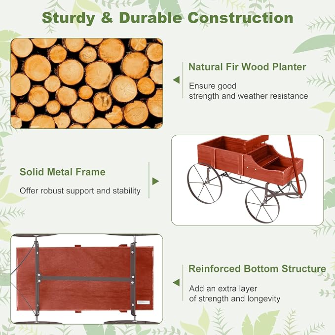 HAPPYGRILL Wooden Wagon Planter, 24.5” x 13.5” x 24” Decorative Garden Planter w/ 2 Planting Sections, Wheels, Handle, Small Decorated Cart, Flower Planter Box for Indoor Outdoor Patio (Red)