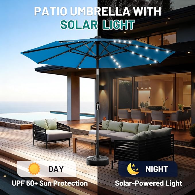 AreShark 9FT Patio Umbrella with Solar Lights, 32 LED Lighted Pool Umbrella w/Tilt and Crank, Outdoor Market Solar Umbrellas for Garden, Deck, Backyard, Pool and Beach, Royal Blue