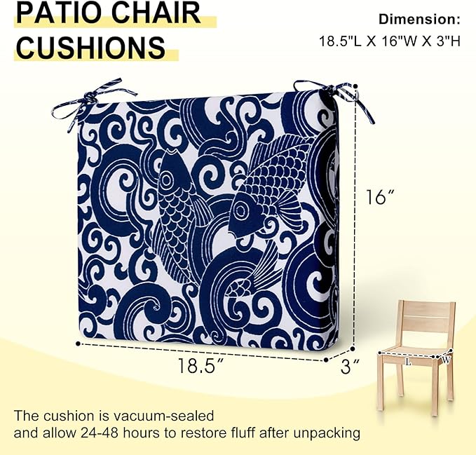 downluxe Outdoor Chair Cushions Set of 2 for Patio Furniture, Water-Resistant Square Corner Patio Chair Cushions with Ties, High Density Foam Outdoor Seat Cushion, 18.5" X 16" X 3", Blue Carp
