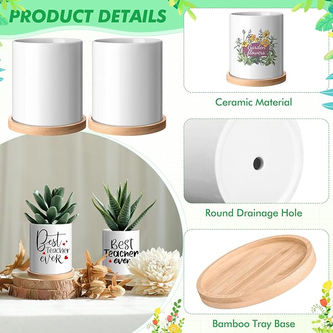 6 Pcs Sublimation Flower Pot Blanks Mini 3.2 in Garden Ceramic Succulent Planter Pot with Bamboo Tray with Drainage Hole Thank You Gifts for Employee Appreciation Plant Lover