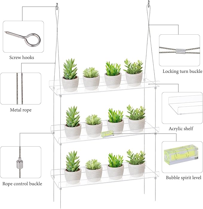 Sumerflos 3-Tier Acrylic Window Boxes Plant Shelves for Windows, Acrylic Hanging Window Plant Shelves, Indoor Windows Wall Hanging Plant Stand Flower Display Shelves