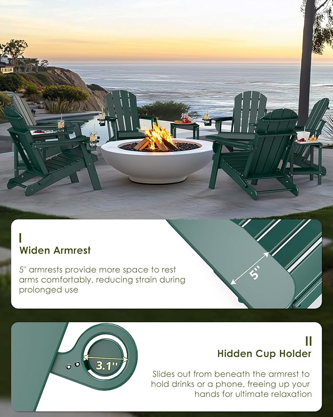 GREENVINES Folding-Adirondack-Chairs-Set-of-4 | HDPE Plastic | Fire Pit Chair | All Weather | Cup Holder | Forest | for Deck Backyard Patio Outdoor Garden