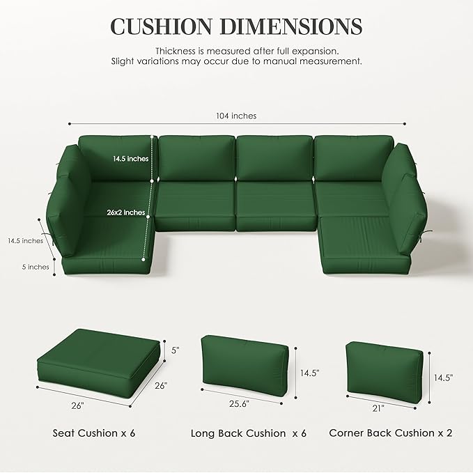 Outdoor Replacement Cushions for Patio Furniture, 5" Foam High-Density, 14-Piece Water-Resistant Outdoor Cushion for 6-Seat Sectional Patio Conversation Sets, Liner&Cover