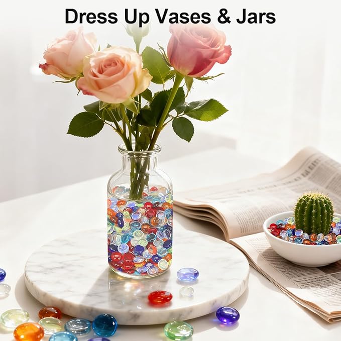 Mini Glass Gems for Vase,Mixed Colour Glass Stones Flat Bottom Marble Beads for Aquarium Fish Tank Planter Crafts Home Decorative Art Craft Vase Filler (Colorful, 2 Pounds)