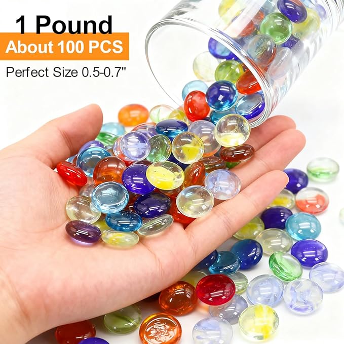 Mini Glass Gems for Vase,Mixed Colour Glass Stones Flat Bottom Marble Beads for Aquarium Fish Tank Planter Crafts Home Decorative Art Craft Vase Filler (Colorful, 1 Pound)