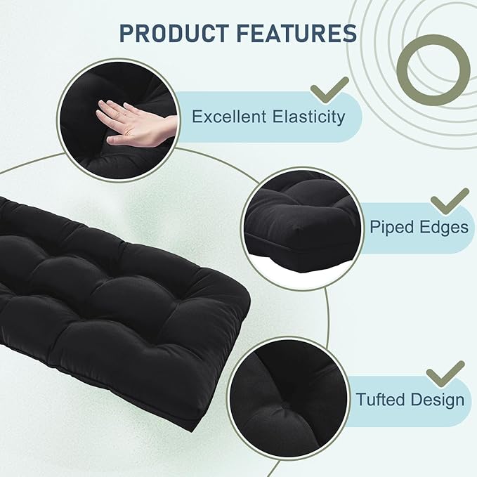 downluxe Outdoor Bench Cushion for Patio Furniture, Waterproof Tufted Overstuffed Porch Swing Cushions, Thick Outdoor Loveseat Cushions, 48" X 18" X 5", Black, Set of 1