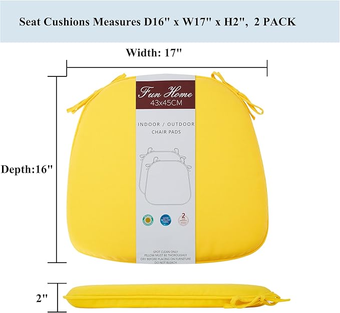 FUNHOME 17"x16"x2" Outdoor Chair Cushions Set of 2, Water Resistant Patio Chair Pads with Ties, Seat Cushions for Home Garden Furniture Decoration-Yellow