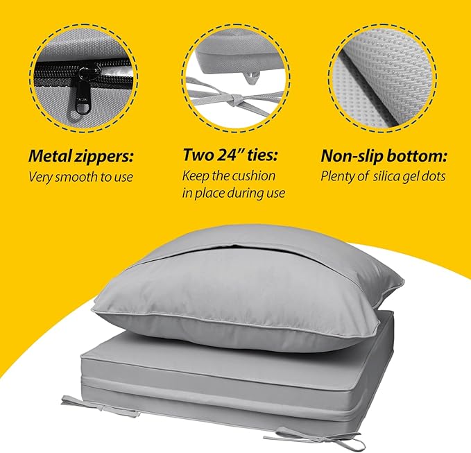 AAAAAcessories Outdoor Seat Cushions for Chairs, Fade-Resistant, Waterproof Patio Furniture Replacement Cushions, 20" x 18" x 3" + 20" x 17", Gray
