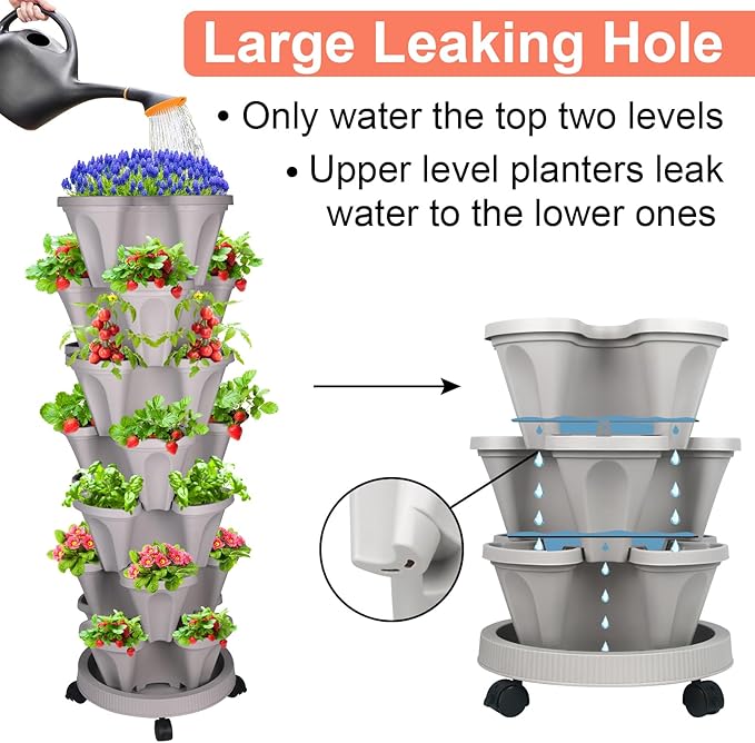 GameXcel Vertical Planter 7 Tier Stackable Planters Garden Planters Strawberry Herb Flower and Vegetable Planter Indoor Outdoor Gardening Pots with Removable Wheels and Tools 2-Pack