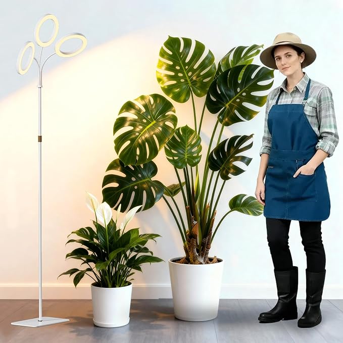Full Spectrum Grow Light with Stand for Indoor Plants, Floor Plant Light, 6/12/18H Timer, 3 Color Modes, Adjustable Height 16.5–68in, for Large Plants & Home Décor(Tri-Head,White)