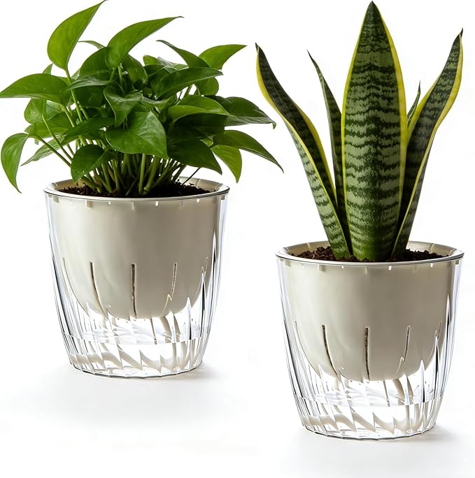 2 Pack 6 Inch Self Watering Pots for Indoor Plants, Self Watering Planter with Reservoir and Wick Rope, Clear Flower Plant Pots for African Violets,Succulents,Herbs,Cactus,Orchids