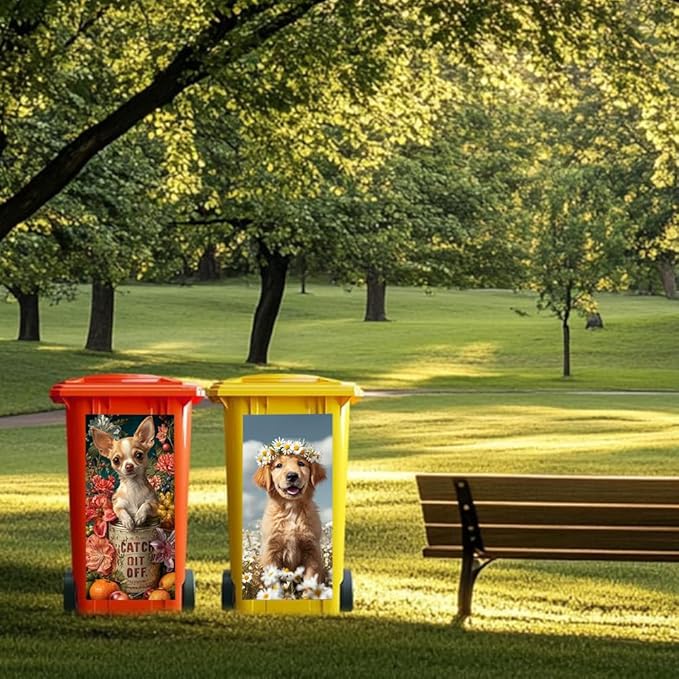 2PC Trash Can Sticker 14.57 x 32.28 Inch Cute Dog Design Floral Theme Decorative Garbage Bin Cover Outdoor Trash Can Decal Art for Home Yard Garden Pet Lovers Decoration