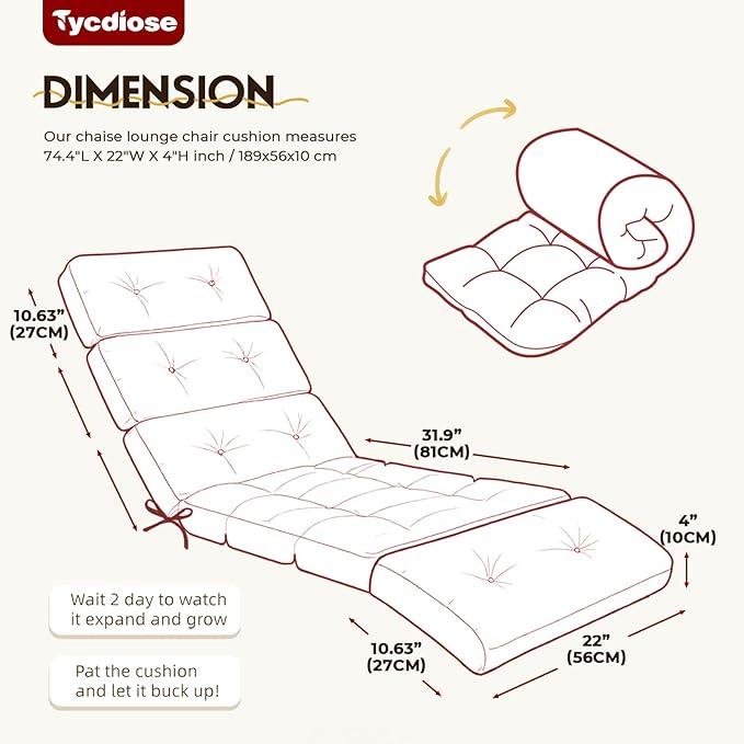 All Weather Chaise Lounge Cushions Outdoor Lounge Chair Cushion, Waterproof Memory Foam Chaise Lounger Chair Cushion for Outdoor Patio Furniture with Non-Slip Back and Ties, Red Floral
