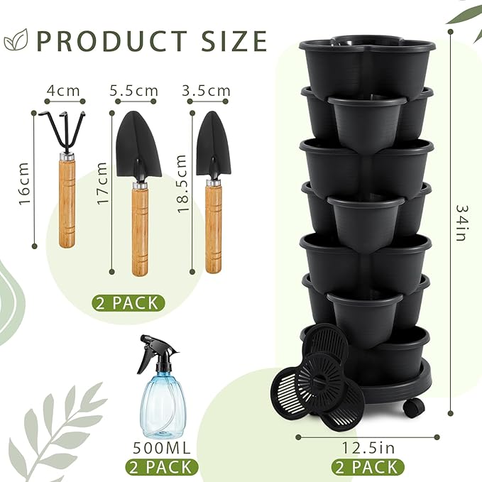 Umigy 2 Set of 7 Tier Stackable Vertical Planters with Removable Wheels and Tools Tower Planters Strawberry Herb Flower Vegetable Pots Indoor Outdoor Gardening Pots(Black)