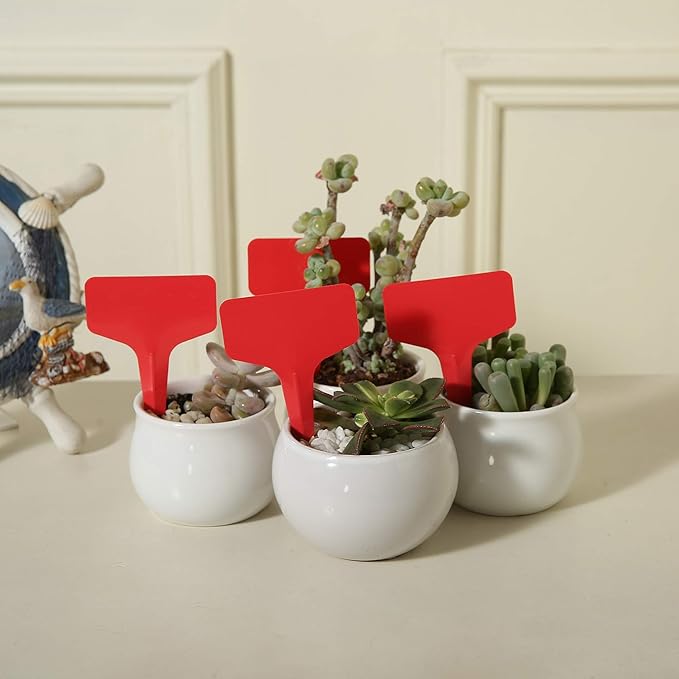 100 Pcs T-Type Plant Labels with a Gel Pen, Waterproof Nursery Plant Tags Plastic Garden Markers, Red, 6 x 10cm