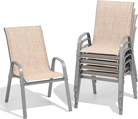 Patio Chairs Set of 6, Easily Set Up Stackable Outdoor Dining Chairs with High Back and Wide Seat, All Weather Breathable Outdoor Chairs Set of 6 with Metal Frame for Backyard Deck Pool, Beige