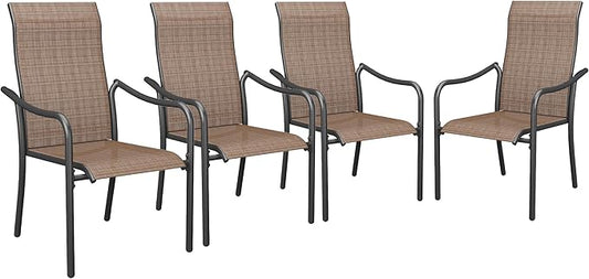 VICLLAX Patio Stackable Dining Chairs Set of 4, Outdoor Sling Chairs with Breathable Fabric and High Back for Balcony Porch Backyard, Brown