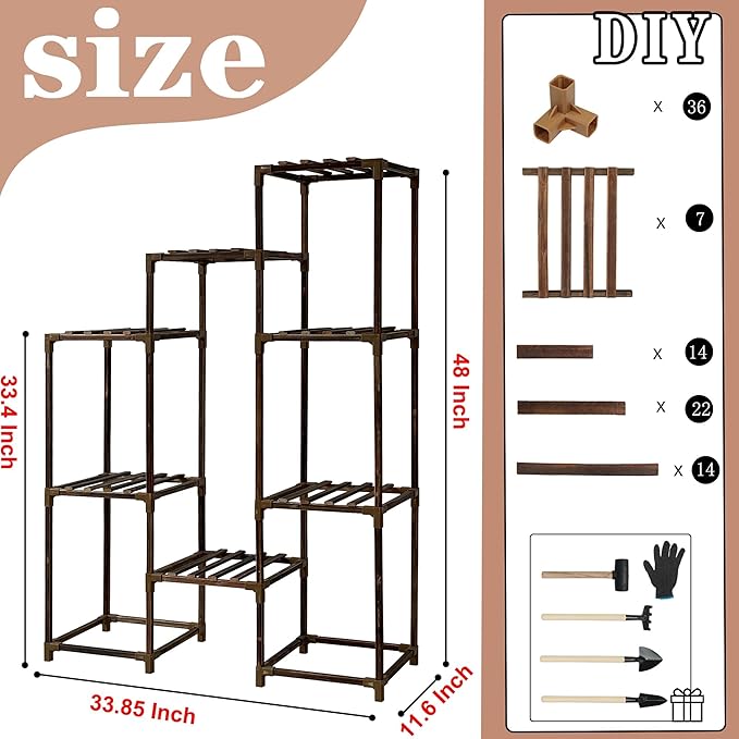 HOMKIRT Plant Stand with Grow Light, Lighted Plant Shelf Indoor for Multiple Plants, Wood Tall Plant Rack with Grow Lights Flower Stand for Corner, Living Room, Patio, Garden