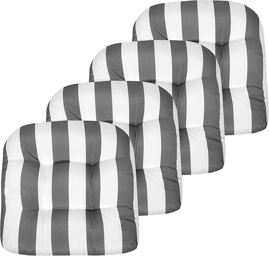 Sweet Home Collection Patio Cushions Outdoor Chair Pads Premium Comfortable Thick Fiber Fill Tufted 19" x 19" Seat Cover, 19" x 19" x 5", Havana Silver/White 4 Count