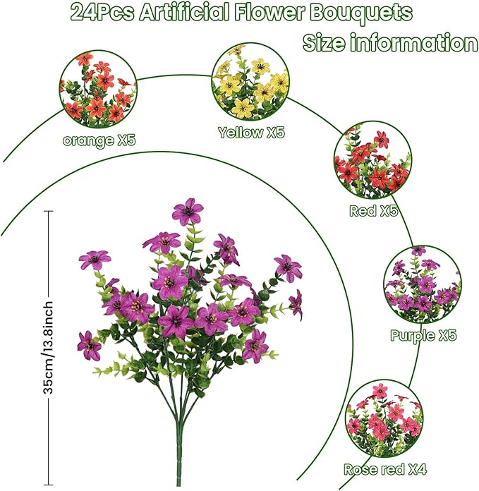 SHareconn 24 Bundles Artificial Flowers for Outdoors Spring Decoration, Fake Silk Realistic Faux Plants UV Resistant for Outside Planter Porch Patio Summer Indoor Decor, RedRosePurpleYellowOrange